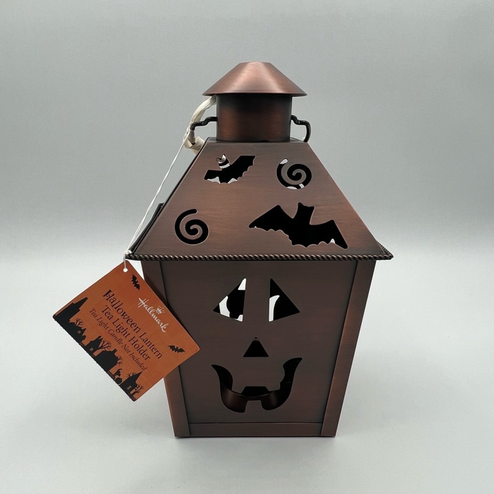 New Hallmark Halloween Bronzed Metal Lantern Candle Holder Jack O Lantern Bats